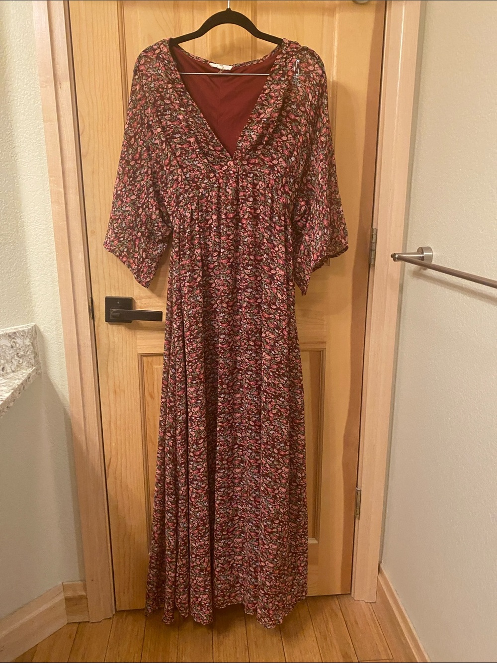 entro Burgundy Floral Maxi Dress with Pink and Green Accents